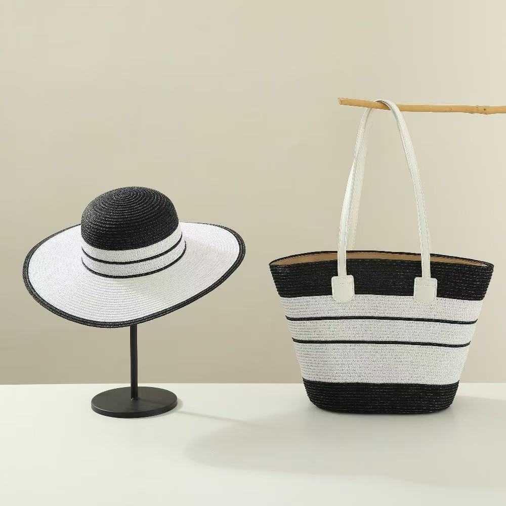 El nuevo bolso de sombrero de paja de verano tiene dos juegos de sombreros de sol de viaje al aire libre de alta gama de moda con bolsos de paja de temperamento.