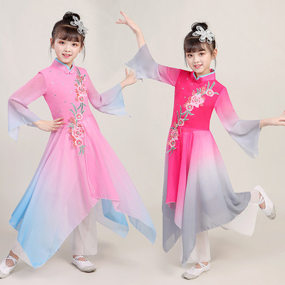 Children girls chinese folk classical dance costumes hanfu umbrella yangge dance wear chinese princess jasmine performance clothing