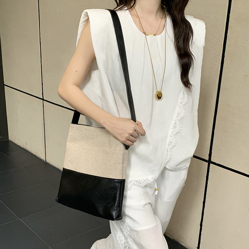 乔戈夏新款单肩水桶包亚麻布料拼接PU简约大容量手提包斜挎子母包