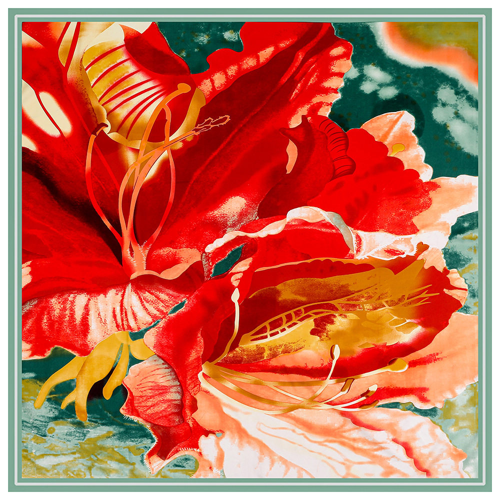 148g Weight Polyester Material Flower Pattern 130cm Spring New Oil Painting Flower Silk Scarf Shawl Large Square Scarf