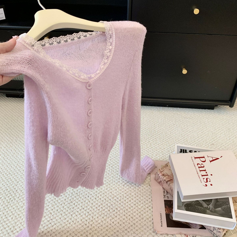 2026 Autumn New Korean Style Slim-Fit Waist-Cinching Purple Knit Sweater for Women with Lace Trim and Patchwork Cardigan Top 2026 Autumn New Korean Style Slim-Fit Waist-Cinching Purple Knit Sweater for Women with Lace Trim and Patchwork Cardigan Top