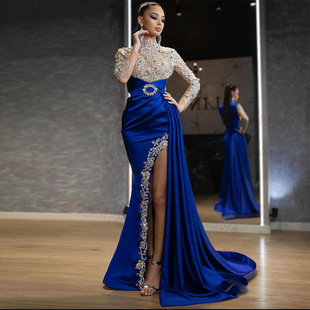 2025 European and American Export New Amazon Women's Dress Blue Sprinkled Gold Slit Stitching Half Turtleneck Evening Dress