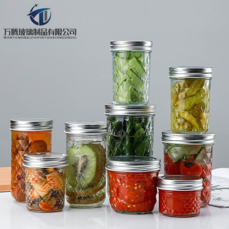 厂家现货密封玻璃瓶果酱糖浆辣酱饮料杯透明钻石梅森罐