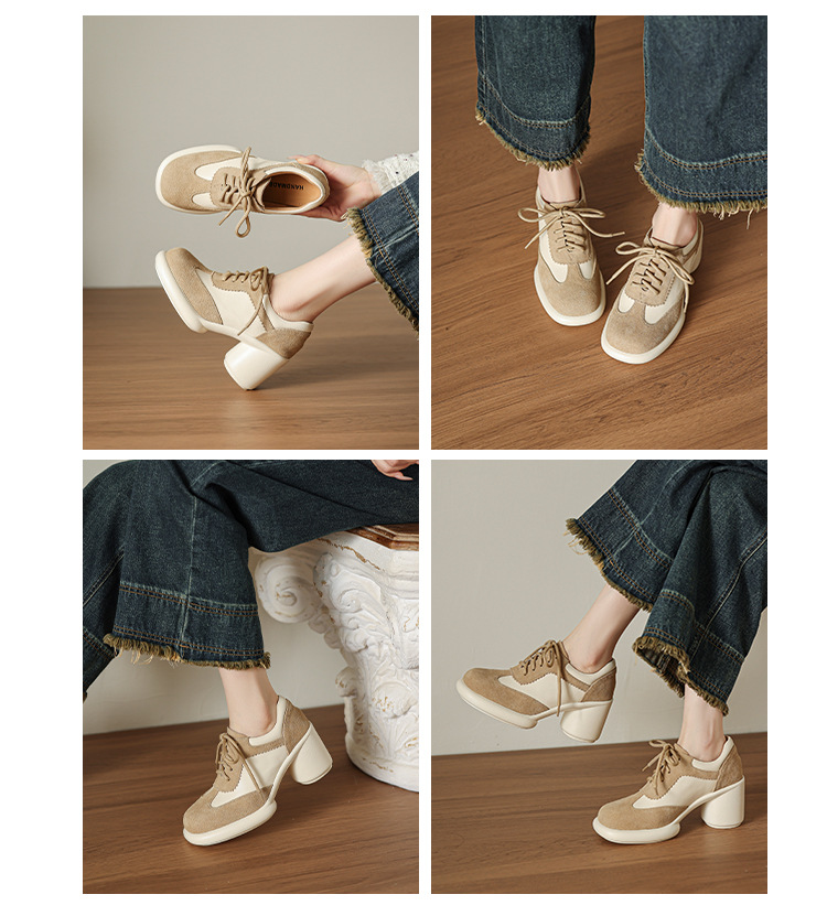 Giày cao gót nữ mũi vuông da bò, gót thô ổn định, dây buộc phối màu, size lớn đến 41 — Trắng kem - Da bò chi tiết 7
