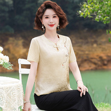 夏季新款中老年妈妈装套装上衣缎面提花时尚小衫+棉麻裤子两件套