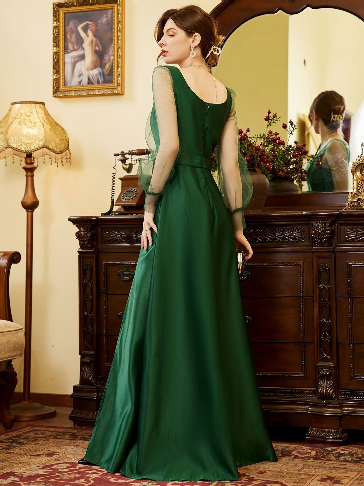 Vestido de talla grande, vestido largo de talla estándar, vestido de satén de manga larga con cuello cuadrado para fiestas y bodas, nuevo estilo de otoño e invierno. image 4