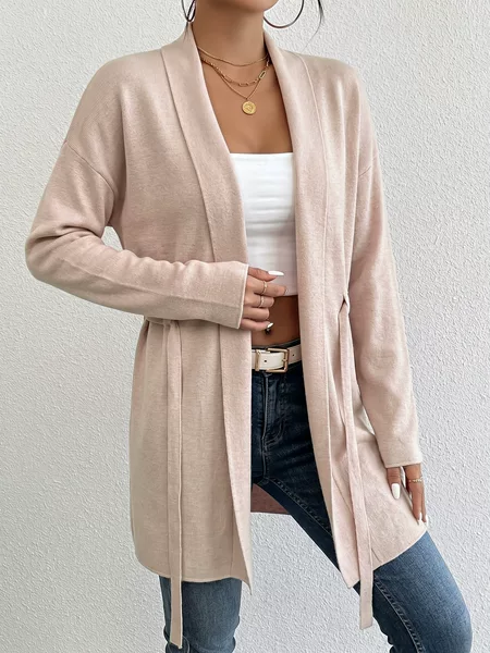 Cross-Border Hot-Selling Women's Autumn and Winter Simple Long-Sleeve Tie-Waist Knit Cardigan, Versatile Casual Loose Knit Jacket