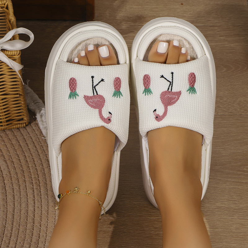 Linen Slippers for Women, Summer Non-Slip Thick-Soled Embroidered Flamingo Home Slippers, Indoor Silent Sweat-Absorbent Cotton and Linen Slippers