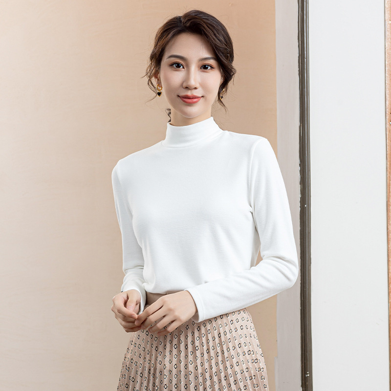 Australian velvet women's solid color semi-high collar base shirt 2024 autumn and winter warm thick inner and outer wear double-sided velvet shirt