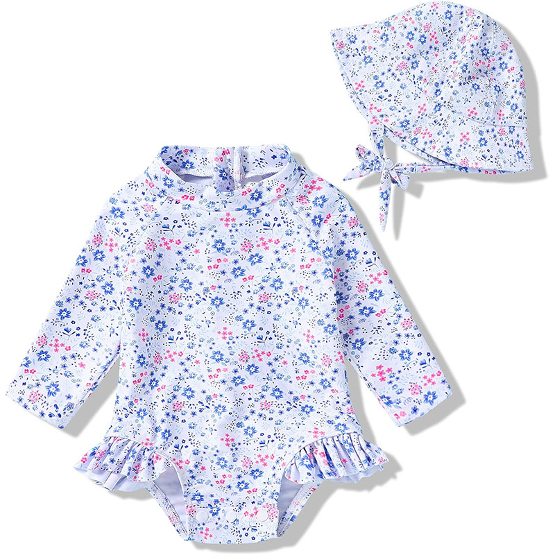 Traje de baño para niños europeos y americanos Traje de baño para niñas de una pieza Ropa de protección solar de manga larga con cremallera de sombrero Estilo explosivo transfronterizo de Amazon