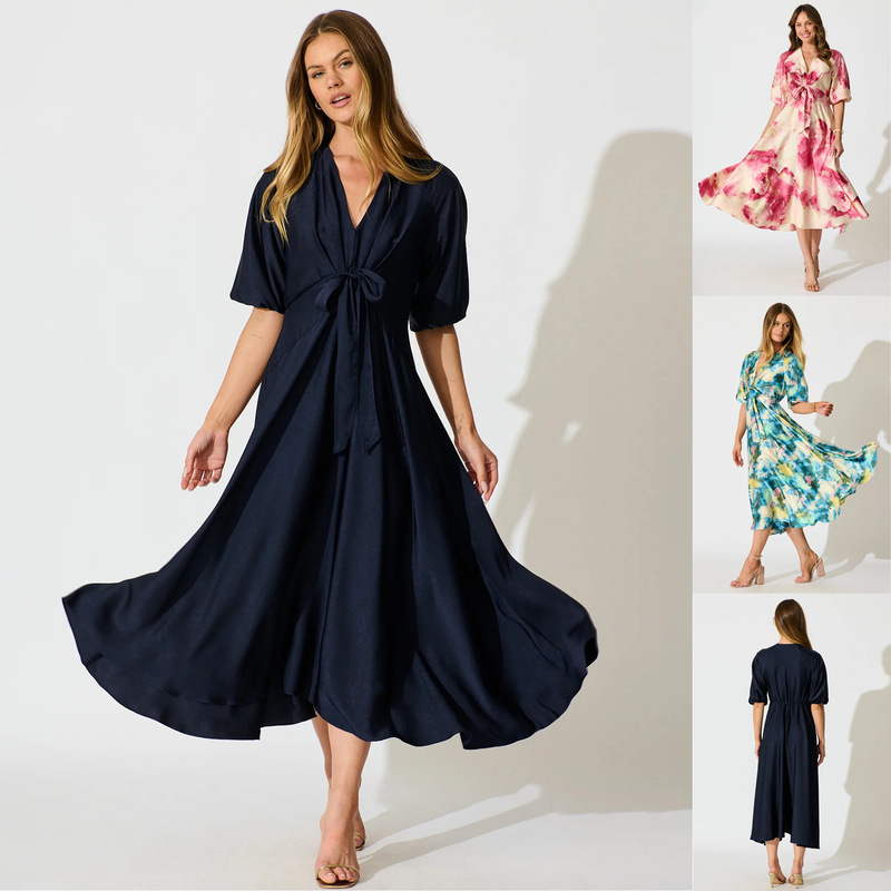 In-Stock European and American Style V-Neck Puff Sleeve Waist-Tie Satin Dress with Large Hem, Export Light Formal Long Dress