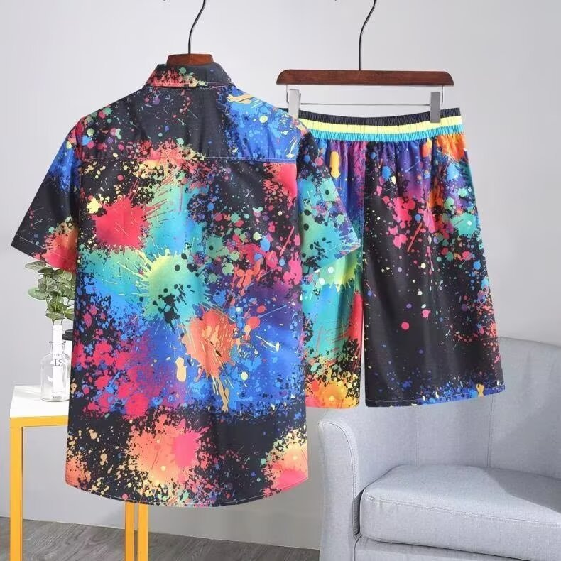 여름 해변 의류 남성용 속건성 반팔 꽃무늬 셔츠 정장 하와이안 루즈 캐주얼 투피스 세트 아우터웨어 5부 바지