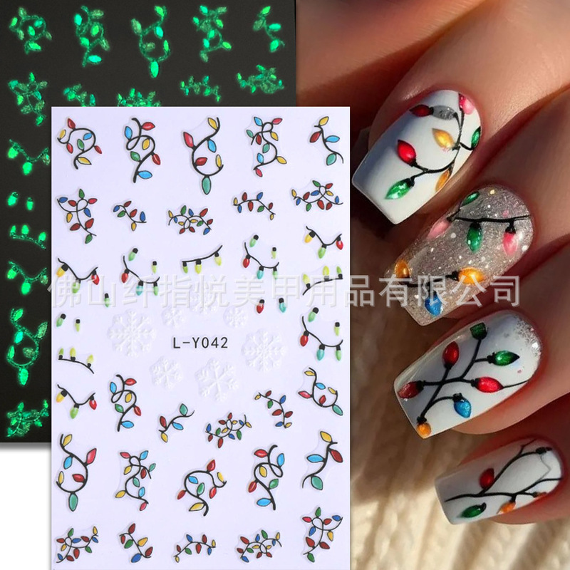 Popular Christmas Nail Art Stickers Wholesale 3D Luminous Christmas Lights Dwarf Old Man Snowflake Gingerbread Man Nail Stickers