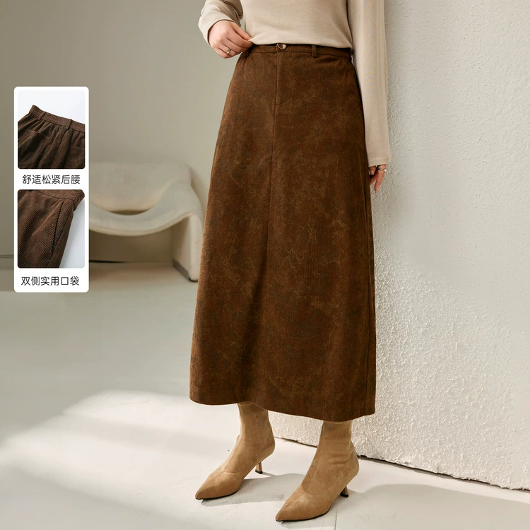 Xianlixiu женская вельветовая юбка больших размеров в стиле ретро, ​​современная стильная тонкая вельветовая юбка с разрезом, осень 2024, новый стиль