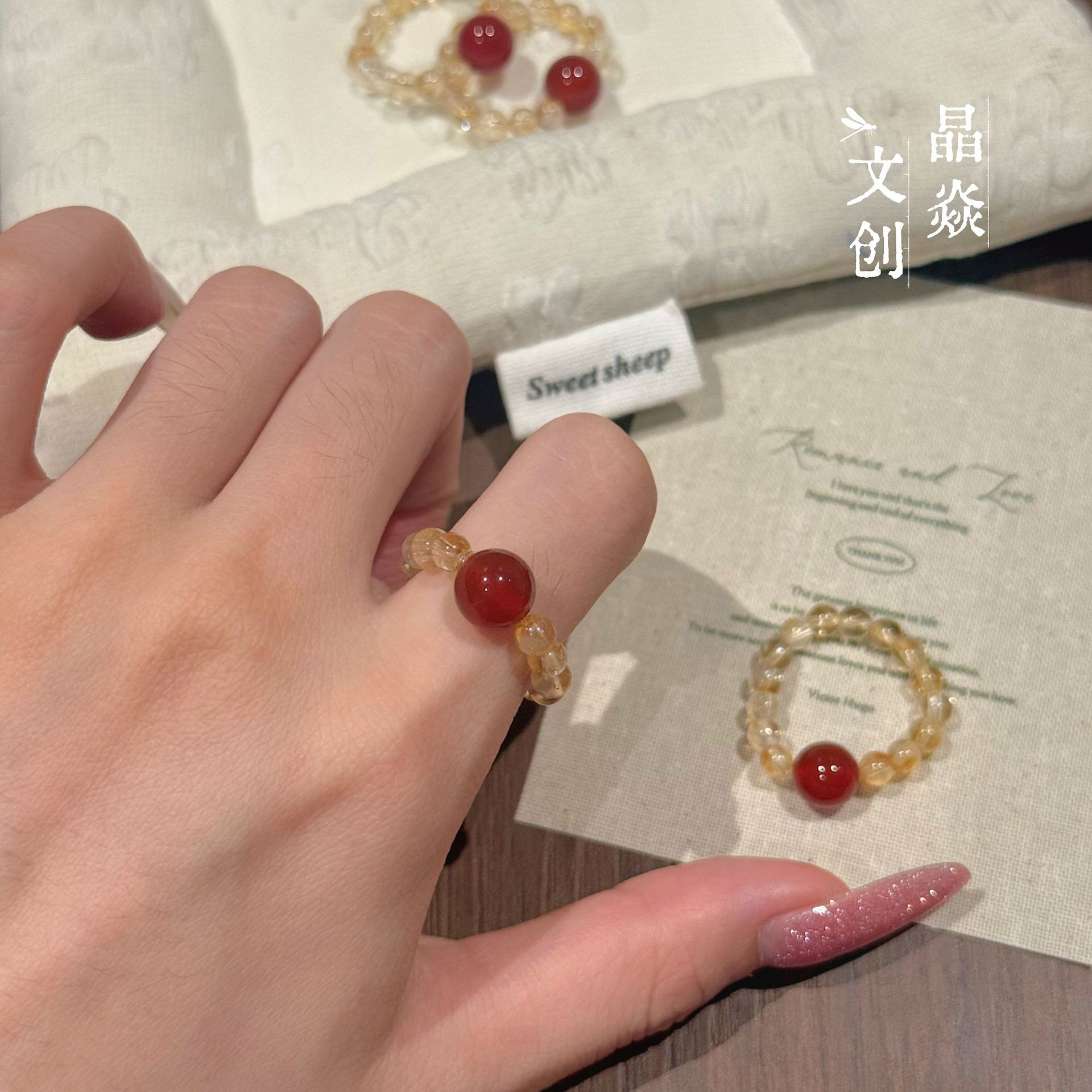 Original design natural crystal yellow tower crystal red agate new Chinese style elegant fortune-bringing live broadcast wholesale beaded ring