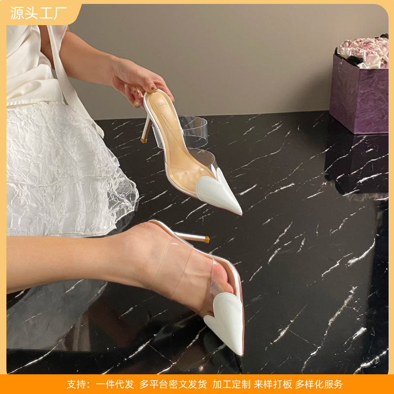 Transparent Sandals for Women 2026 Spring and Summer New Fairy Style Pointed Toe Stiletto Heart-Shaped High Heels Sexy Closed-Toe Mules