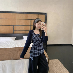 大码韩系穿搭套装女复古毛衣开衫不规则绑定收腰格子背心