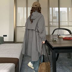 灰色风衣外套女大码宽松感2025秋季新款韩版休闲洋气连帽大衣