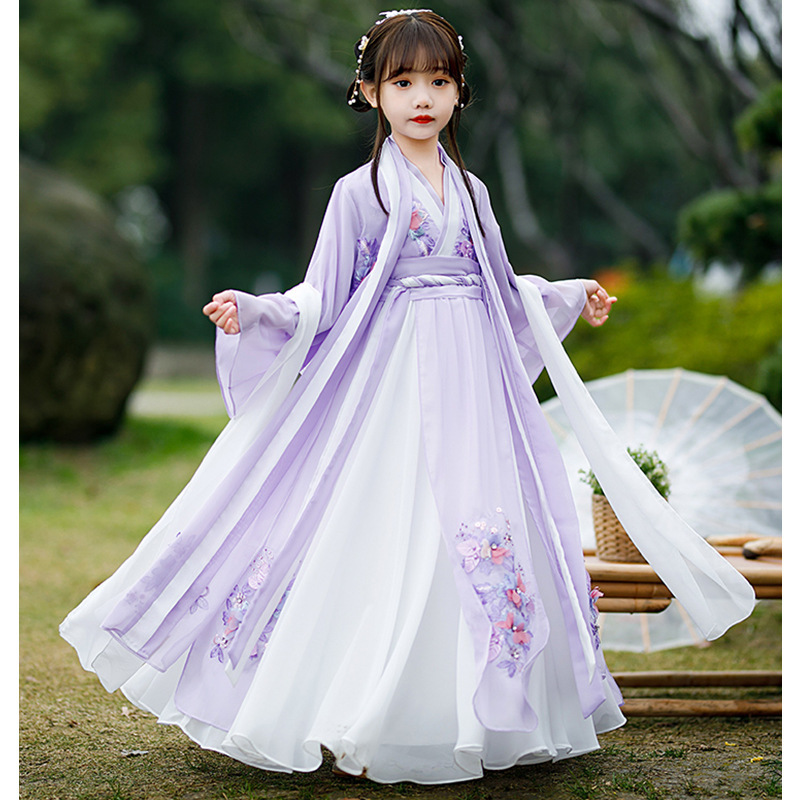 Chinese-style purple girls' Hanfu spring 2024 new children's ancient costume super fairy long-sleeved Tang-style skirt for girls in spring and autumn