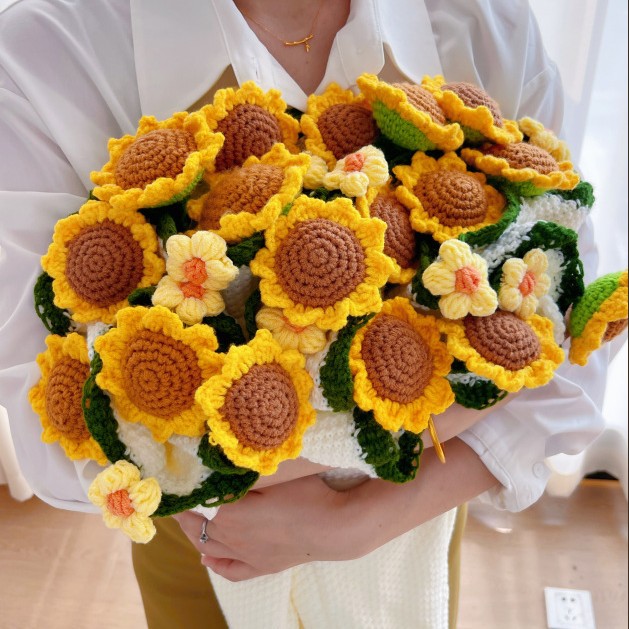 완성 된 해바라기 꽃다발 담요 목회 담요 수제 짠 꽃 담요 로즈 꽃다발 담요 도매 담요