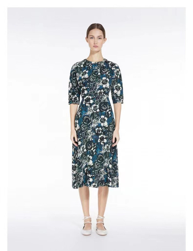 Max23 Early Autumn New Elegant Round Neck Slim-fit Silk Printed Mid-length Dress
