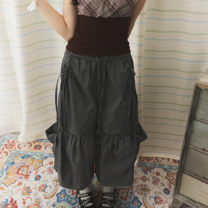 American-Style Drawstring Pleated Design Workwear Cropped Pants for Women with Large Pockets and Wide Legs, 2026 Summer New Model