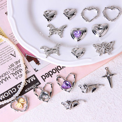 新中式甜酷風y2k銀色鋯石鏤空珍珠掛件愛心蝴蝶玫瑰花diy項鍊吊墜