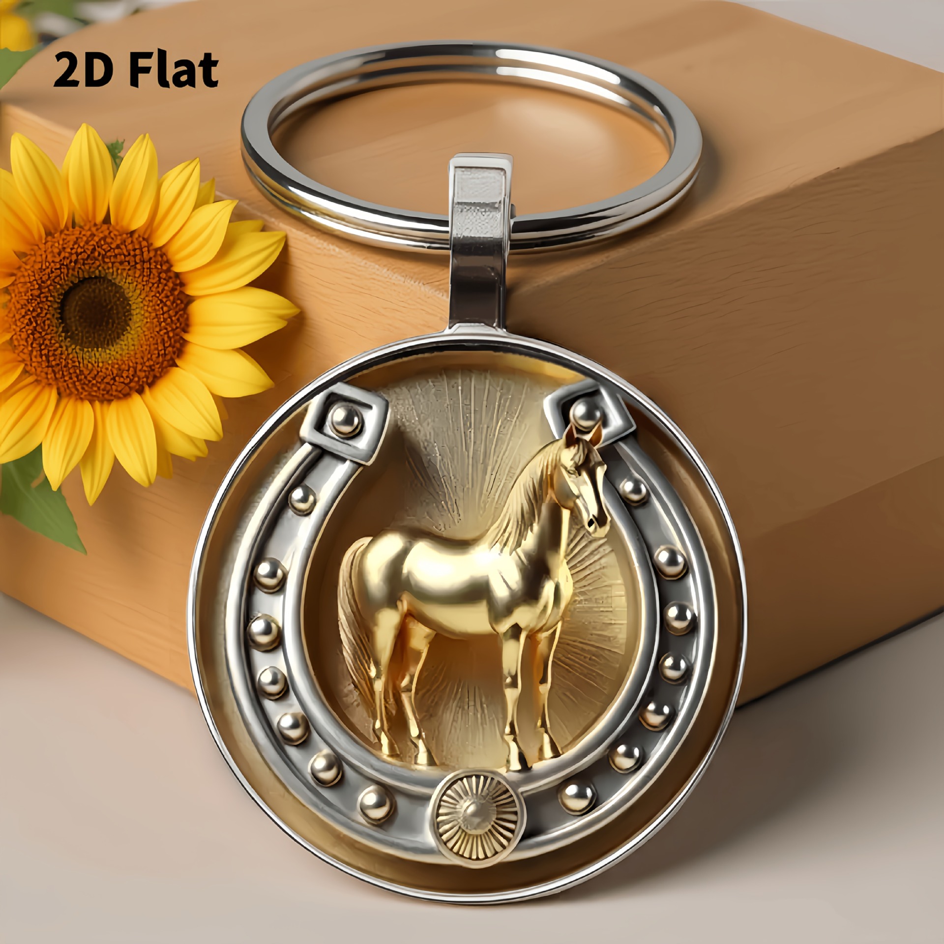 Ventas transfronterizas calientes de caballo de oro y herradura de caballo llavero colgante de vidrio accesorios llavero de aleación de moda