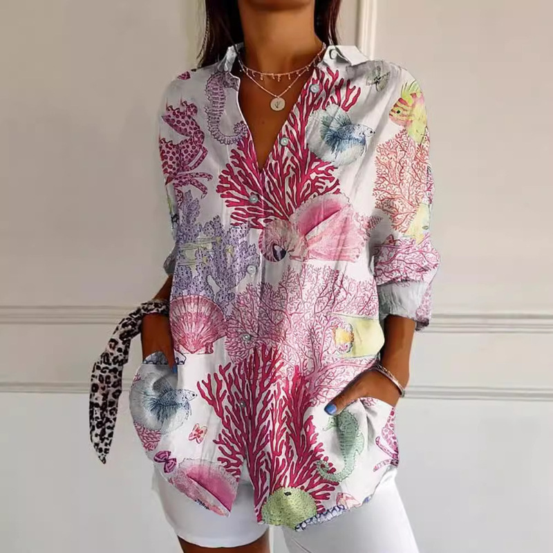 2025 New Women's Long Shirt Women's Summer European and American Trendyy Long-Sleeved Shirt Floral Pattern Printed 3D Shirt