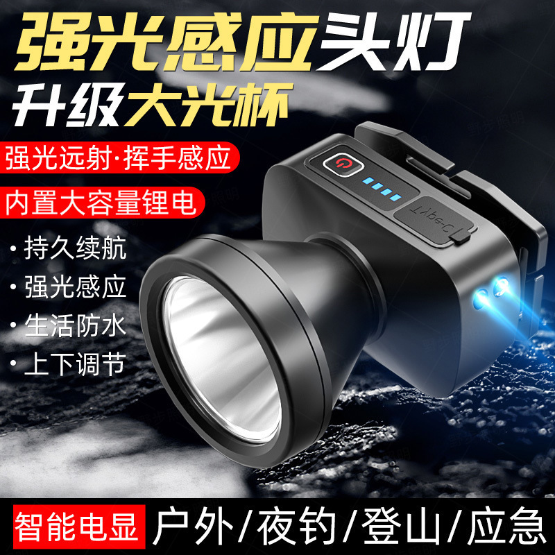 跨境智能感应光杯头灯led充电户外应急工作灯头戴式矿灯强光头灯|undefined