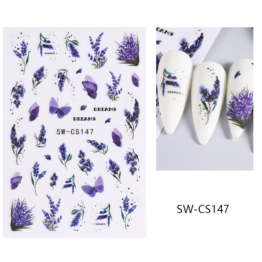 Ventas transfronterizas de pegatinas de uñas al por mayor primavera y verano nuevas flores secas de acuarela flor de lavanda pegatinas de uñas 3D