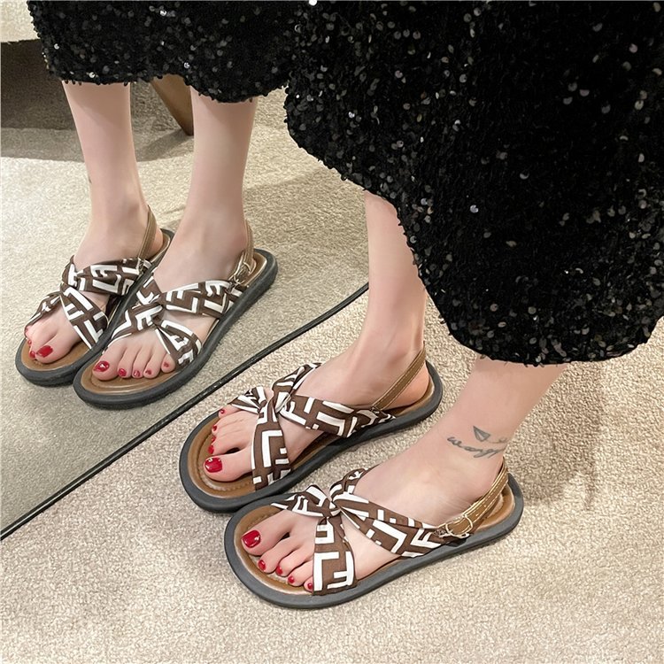 Zomer nieuwe letterstof modieuze en comfortabele zachte zool geurige wind platte gesp sandalen_voghion.com