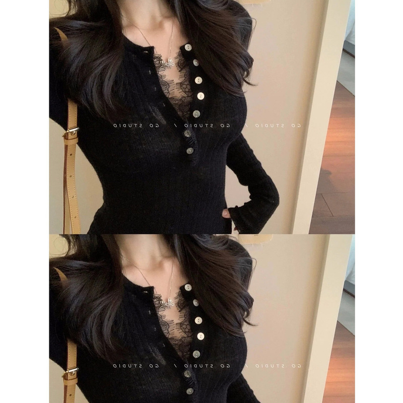 E Go Studio Wool Slightly See-Through Pit Knitwear Eyelash Lace Buttoned Long-Sleeved T-Shirt Pure Lust Top