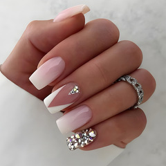 French-style powder-white gradient silver-glittering rhinestone-studded nail tips—European and American edgy chic wearable false nails with adhesive backing