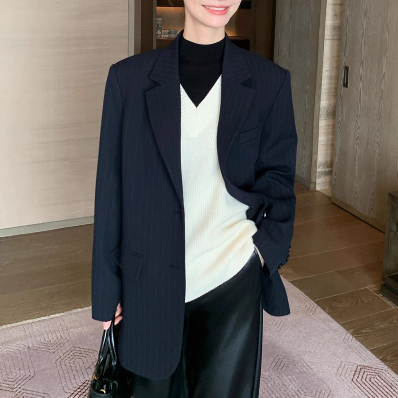 预售藏蓝色条纹西装外套女2025春秋新款休闲宽松女士西服|undefined