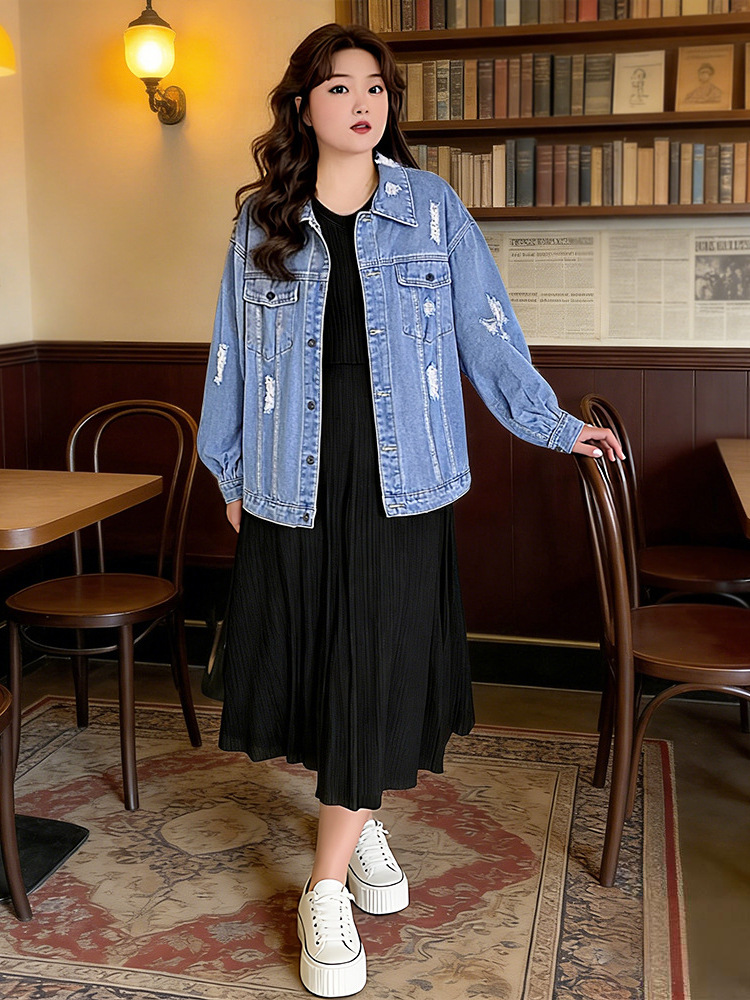 65-160kg Plus Size Women's Denim Jacket Dress for Slightly Chubby Women Casual 2025 Spring, Autumn, and Winter Two-Piece Set 65-160kg Plus Size Women's Denim Jacket Dress for Slightly Chubby Women Casual 2025 Spring, Autumn, and Winter Two-Piece Set
