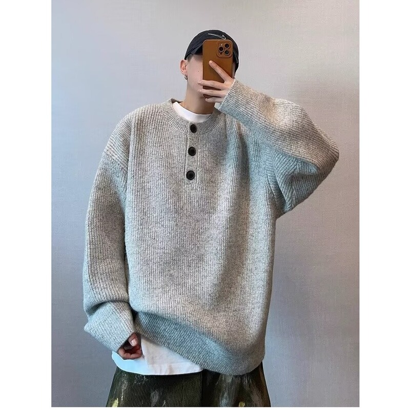 Designer Autumn and Winter V-Neck Sweater Men's Button Japanese Retro Lazy Style Top Loose Trendy Brand Sweater