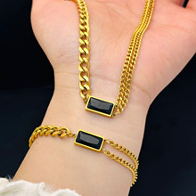 黑色方块欧美跨境轻奢手链项链耳环首饰时尚高级感钛钢饰品套装
