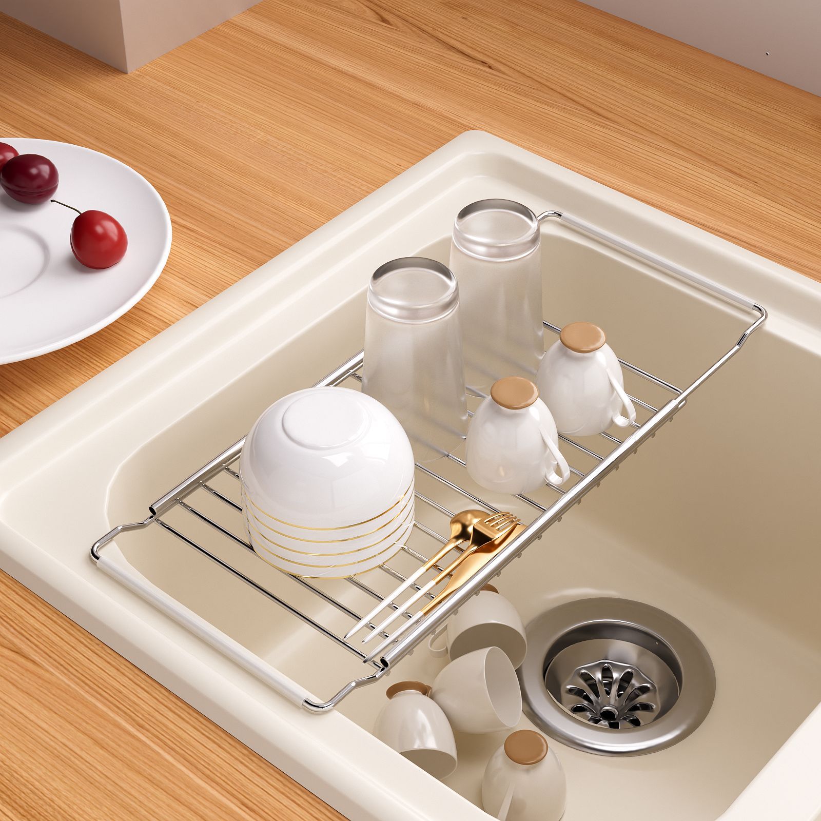 Stainless Steel Kitchen Wash Basin Dishes Draining Basket Sink Telescopic Draining Rack Storage Rack Anti-Slip Countertop