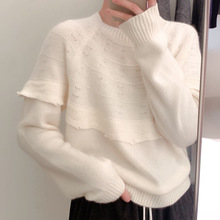 25冬新款女羊毛衫新年款纯色镂空拼接钉珠套头羊毛兔毛针织衫毛衣