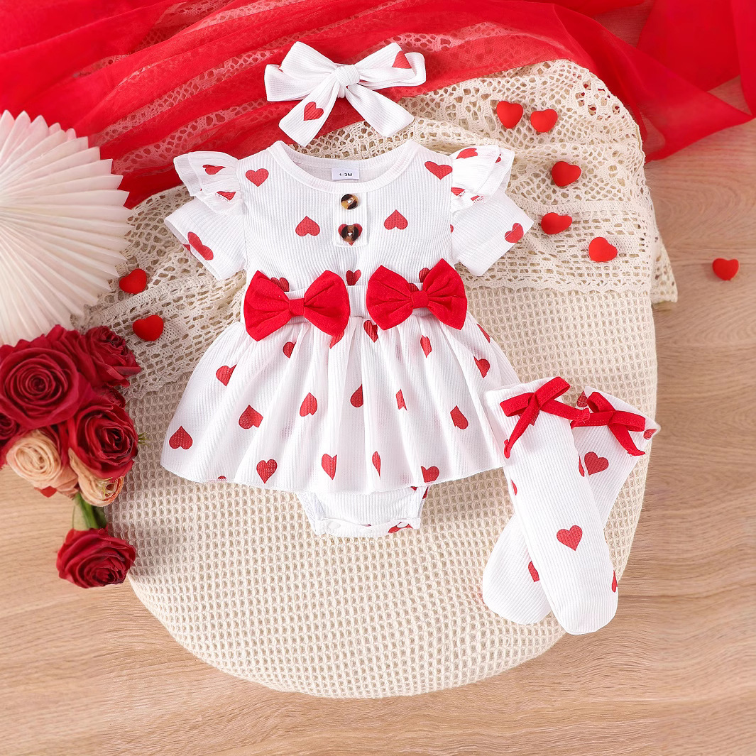 婴幼童图案爬服哈衣短袖袜子跨境情人节发带爱心蝴蝶结红色套装棉