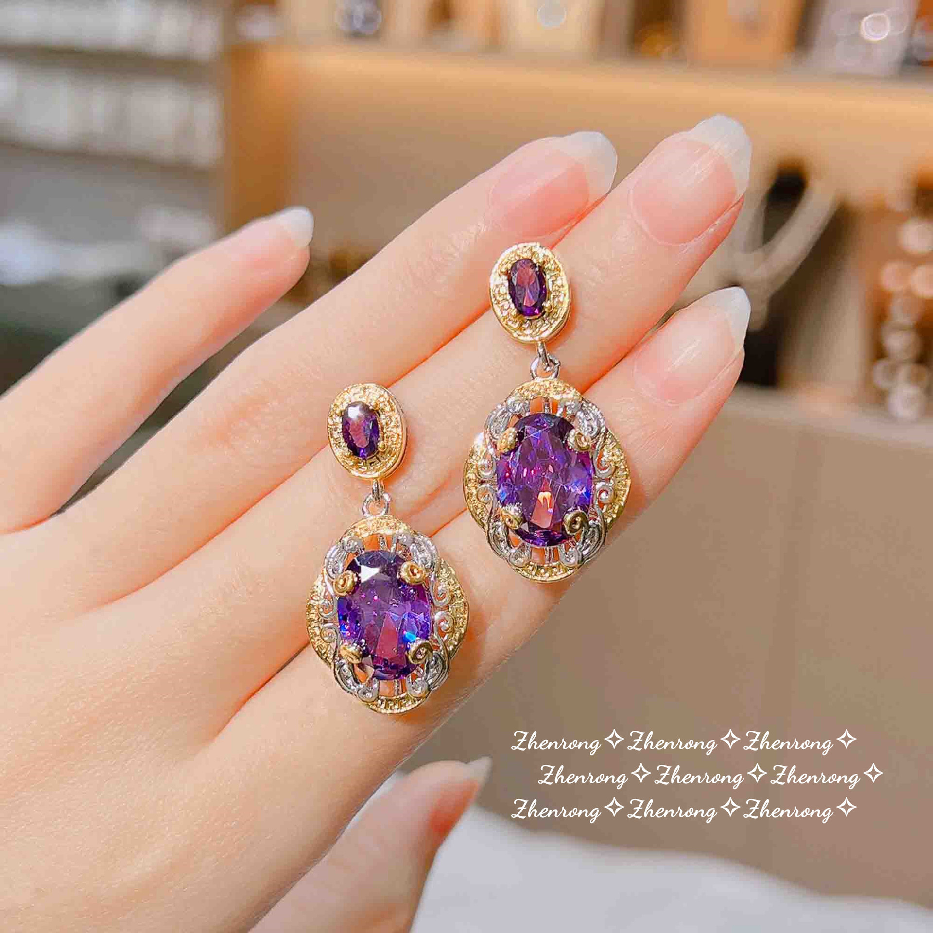 Traje de diamante púrpura artesanal en tono dorado retro italiano colgante de amatista oro de doble color anillo abierto pendientes coloridos del tesoro