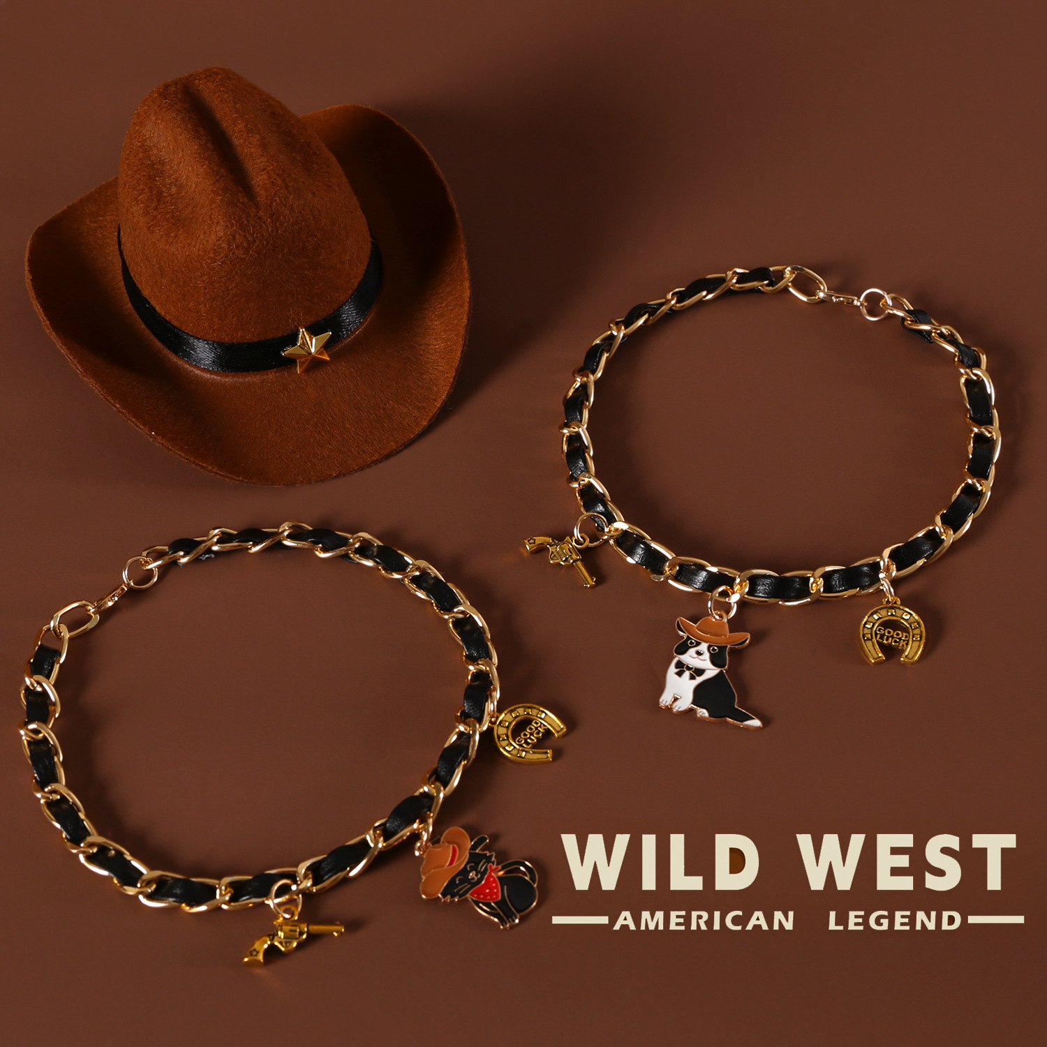 Collar de estilo vaquero occidental de cuero de metal para mascotas, colgante de herradura colgante de gato y cachorro, collar de comercio exterior de estilo europeo y americano