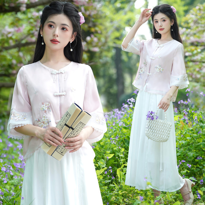 Actual Shot of New Chinese Style Summer New Product Ouman Yarn Embroidery Mange Miaowu Tea Art Suit Half-Sleeved Top Work Wear