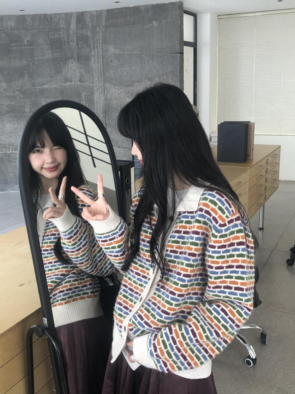 韩国复古彩虹条纹POLO领针织开衫女秋冬新款宽松减龄洋气毛衣外套|undefined