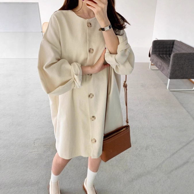 Korean Chic Spring & Fall Pure Color Simple Round Neck Single-Breasted Loose Thin Puff Sleeve Mid-Length Windbreaker for Women