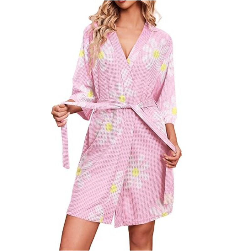 Women 3/4 Sleeve Bathrobe Gown Waffle Printed Knitted Dressing Gown Soft Lightweight Knee Length Homewear with Belt