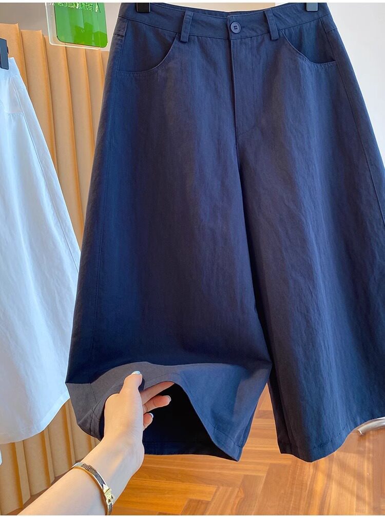 Quần culottes nữ ống rộng cạp cao dáng suông — Xanh lông mòng đen chi tiết 15