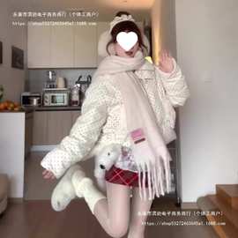 韩式冬季新款毛领波点加厚棉衣女甜美风简约通勤短款保暖棉服外套