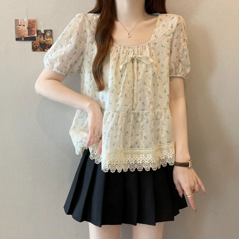 Французская шифоновая рубашка с квадратным вырезом и цветочным принтом и короткими рукавами для женщин, летняя рубашка больших размеров, красивый топ-кукла, закрывающий живот